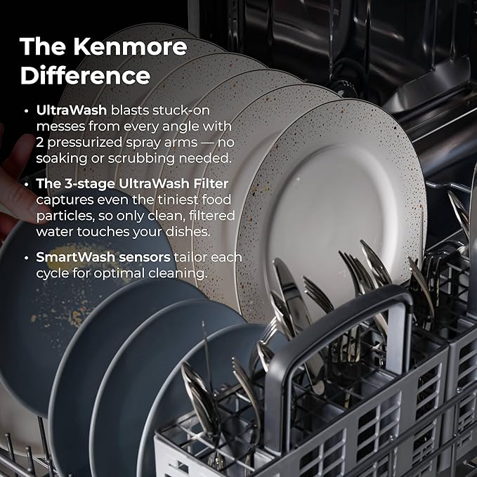 Kenmore 24" Built-in Stainless Steel Tub Dishwasher SmartWash, UltraWash, SmartDry Plus, MoreSpace Adjustable Rack and Leak Detect, Energy Star Certified, White