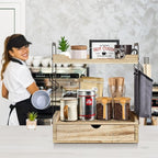 Coffee Station Organizer for Counter, Condiment Storage Caddy for Kitchen with Hooks and Bag,2 Tier Wooden Shelf for Coffee Bar Accessories,Coffee Bar Organizer for Kitchen, Home, Office-Brown