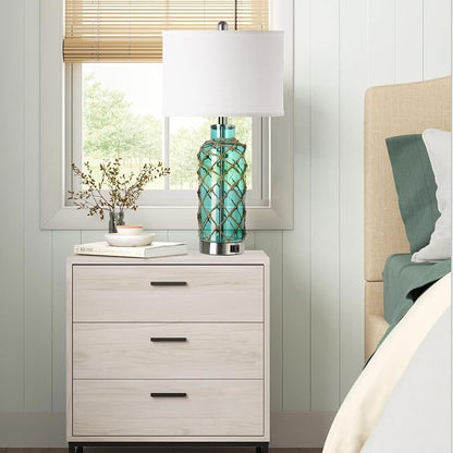Cottage Nautical Accent Table Lamp Set of 2, Touch Coastal Blue Green Glass - Image 5