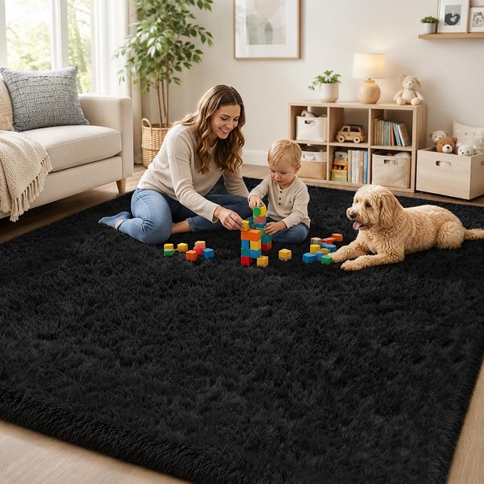 PLHXFR 5x7 Area Rugs Living Room: Fluffy Bedroom Rug Shag Carpet Black | - Image 9