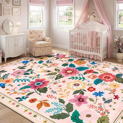 RELEANY Floral Washable 8x10 Area Rugs Pink | Flower Carpet Print Boho Cute Non - Image 6