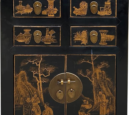 Vintage Oriental Distressed People Golden Graphic Black Side Table Cabinet - Image 6