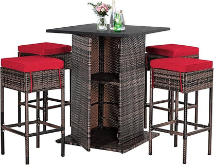 Tangkula 5 Piece Outdoor Rattan Bar Set, Patio Bar Furniture by TANGKULA