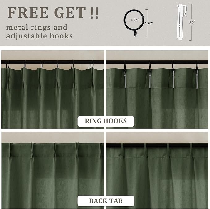 Olive Green Extra Wide Pinch Pleated 100 x 102 Inch Linen Curtains | - Image 3