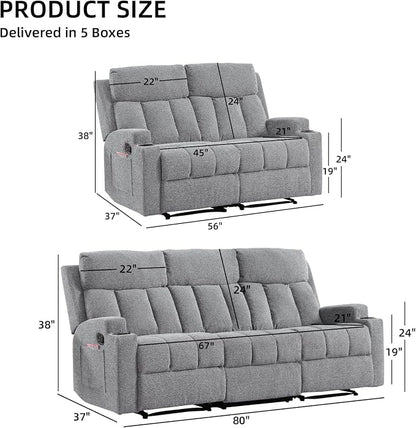 CANMOV Manual Recliner Sofa Set, Fabric Reclining Sofa Chair - Image 3