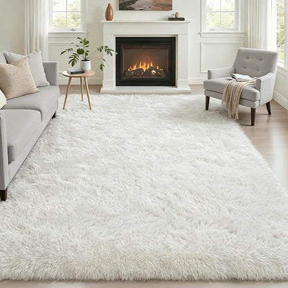 Area Rug Living Room Bedroom: 4x6 Fluffy Plush Shag Carpet Ivory | by Luxturiy