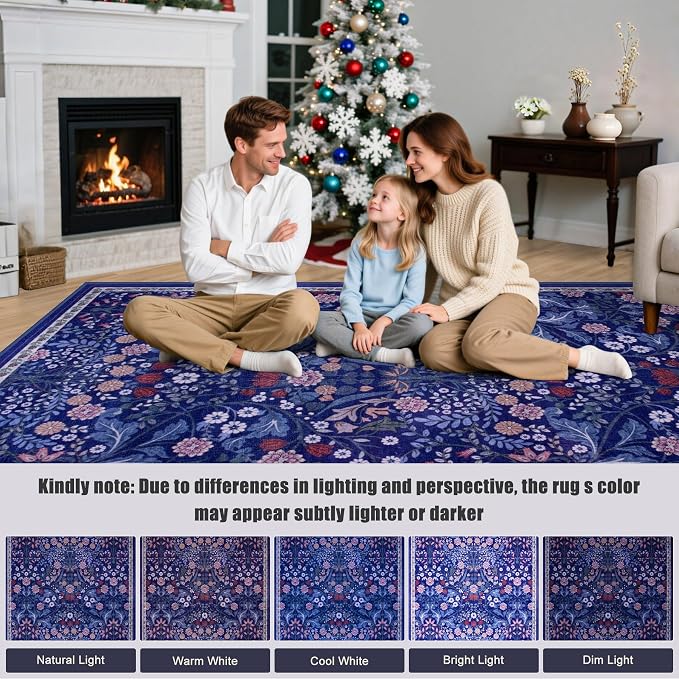 PLHXFR Area Rug 9x12 Living Room: Floral Washable Boho Soft Carpet Blue | - Image 9