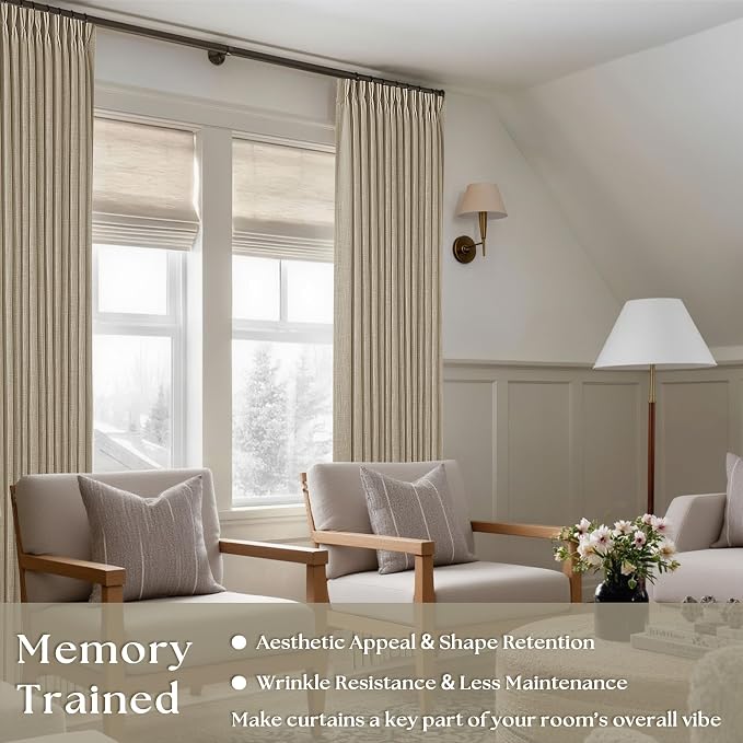 Extra Long Pinch Pleated Linen 108 Inch Curtains Tan Brown 2 Panels Set | Grey - Image 2
