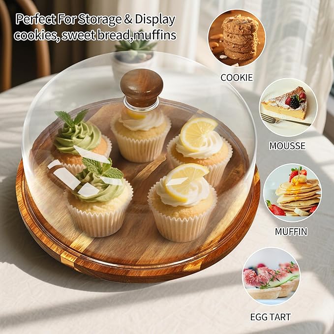 Wood-Cake-Stand With Acrylic Dome Lid, Round Wooden Cake Holder Plate With Cover, 2-in-1 Dessert Table Display Set For Party, Charcuterie Board For Cheese, Chips & Dips, Nachos, Fruit Platter