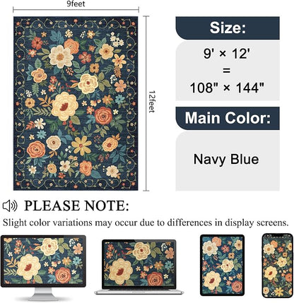 DUKINO 9x12 Area Rug for Living Room, Washable Rug Non Slip, Low Pile, Floral - Image 2