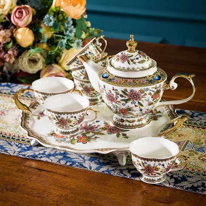 ACMLIFE Tea Set for Adults for 6, Blue and White Tea Set with Cups, Bone China Vintage Floral British English Tea Pot with Cups and Saucers for Women Party, Afternoon Service or Gift Giving (Pink)