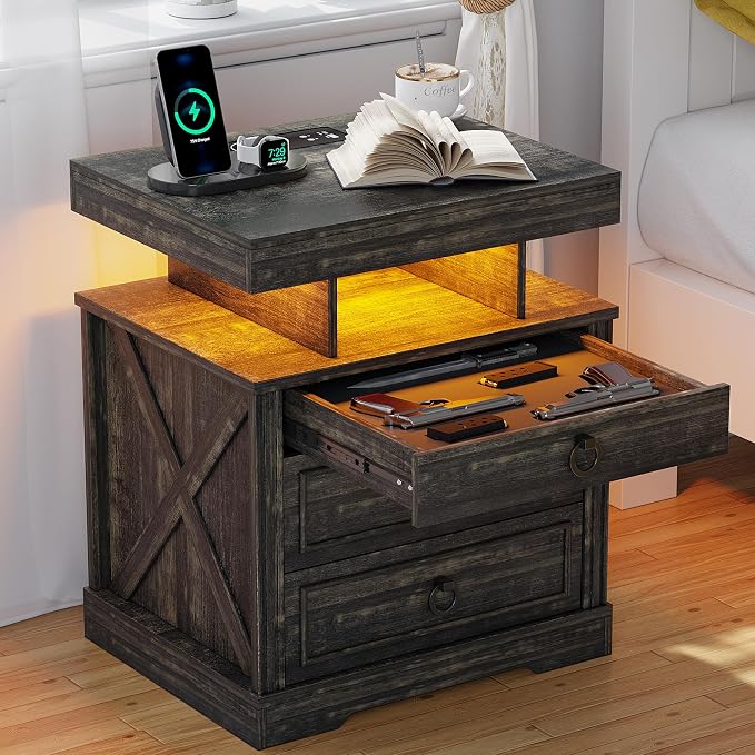 HNEBC Night Stand Set 2 with Gun Drawers, Farmhouse Nightstand with Charging - Image 2