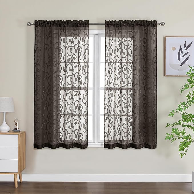 Furman Sheer Curtains Chocolate 54 Inch Length 2 Panels Set, Airy Jacquard Clip - Image 2