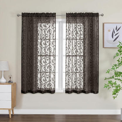 Furman Sheer Curtains Chocolate 54 Inch Length 2 Panels Set, Airy Jacquard Clip - Image 2