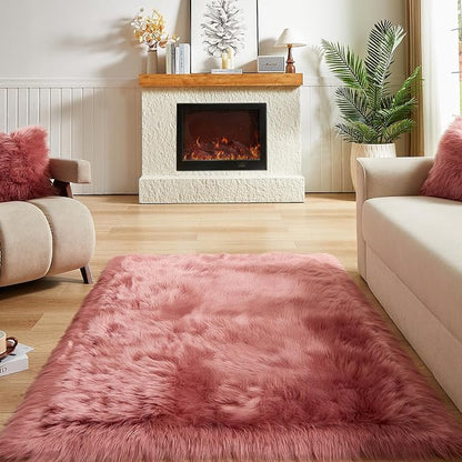 AMTOVO Faux Fur Sheepskin Rug for Living Room, 4 x 6 ft Blush Pink Fluffy Area - Image 2
