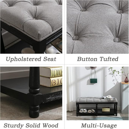 Farmhouse Storage Bench Wooden Entryway Linen Upholstered Ottoman Button Tufted - Image 3