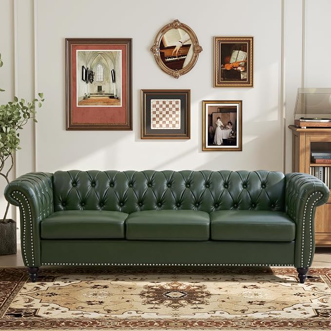 Mid-Century 3 Seater Sofa, Faux Leather Couch - Image 3