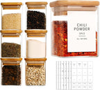 12 Pcs Square Glass Spice Jars with Natural Bamboo Lids - 5oz Airtight Herb Containers with 148 Waterproof Minimalist Spice Labels Preprinted - Empty Small Seasoning Jars for Kitchen Pantry