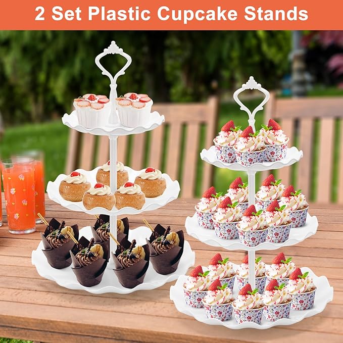 Coitak Plastic Cupcake Stands, 3 Tier Cupcake Stand, Dessert Tower Tray for Tea Party, Baby Shower and Wedding (2 Pack)