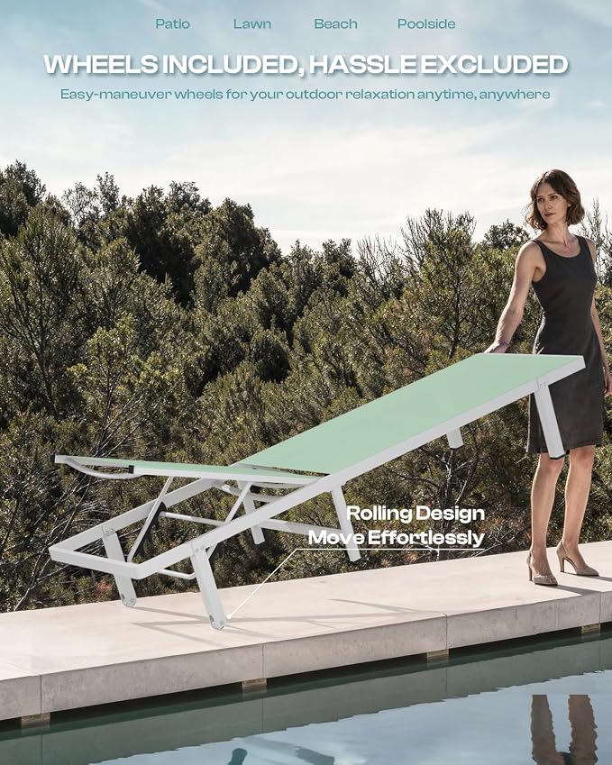 Lounge Chair Outdoor with Wheels, Aluminum Patio Chaise Lounge Chair with 5 - Image 3