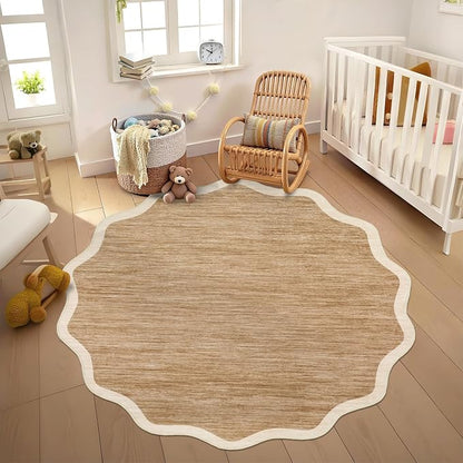 GarveeHome Scalloped Round Washable Rug 5ft Soft Non Slip, Light Brown | Circle by GarveeHome