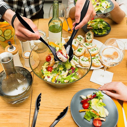 Dualshine 48 Pcs Disposable Black Plastic Serving Utensils,16 Set Including 10" Plastic Serving Spoons, Forks and 9" Tongs for Dinner Parties, Buffets,Banquets, Events, Weddings, and Daily Use