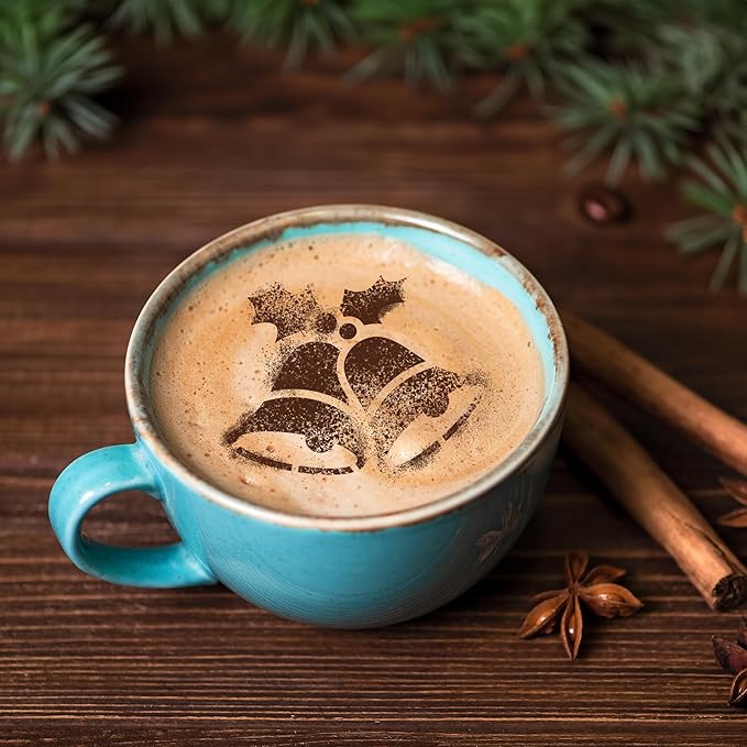 NAKLEO Coffee Stencils and Cookies Decoration 14Pcs 2.8”x2.8” and 4.3”x4.3”, Reusable Plastic Baking Templates, Christmas Winter Holidays, Barista DIY Art Craft, Capuccino Latte Cake Biscuit