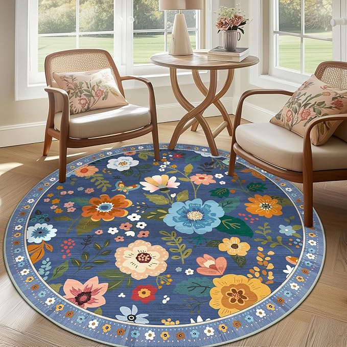 RELEANY Floral Washable Round 4ft Area Rug Blue/Grey | Flower Carpet Print Boho - Image 9