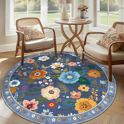 RELEANY Floral Washable Round 8ft Area Rug Blue/Grey | Flower Carpet Print Boho - Image 6
