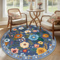 RELEANY Floral Washable Round 6ft Area Rug Blue/Grey | Flower Carpet Print Boho by RELEANY