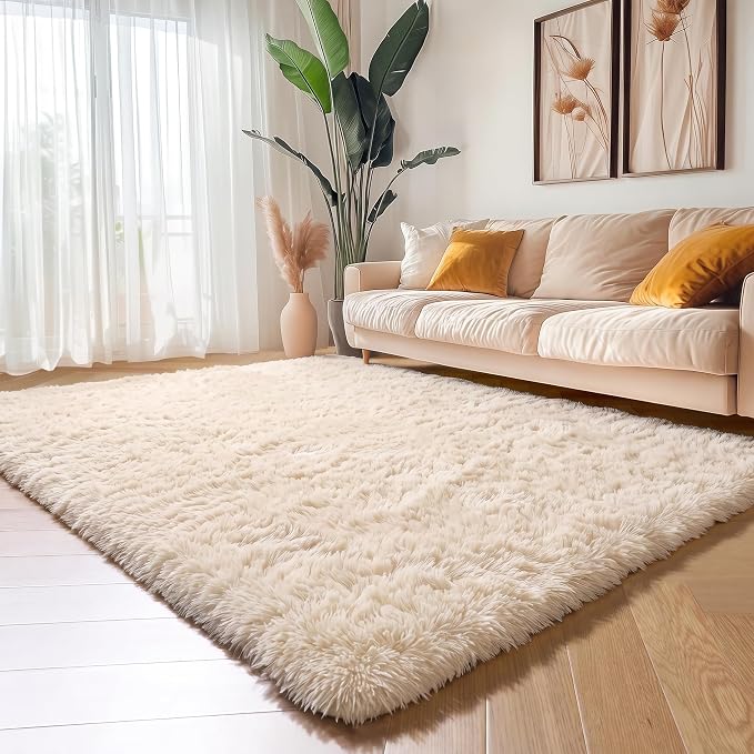 Amdrebio Beige Boho Furry Small Area Rug 3x5 - Image 5