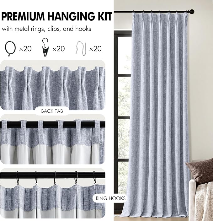 MIULEE Chambray Blue Pinch Pleated 100% Blackout Curtains 40x84 Inches | Room - Image 8