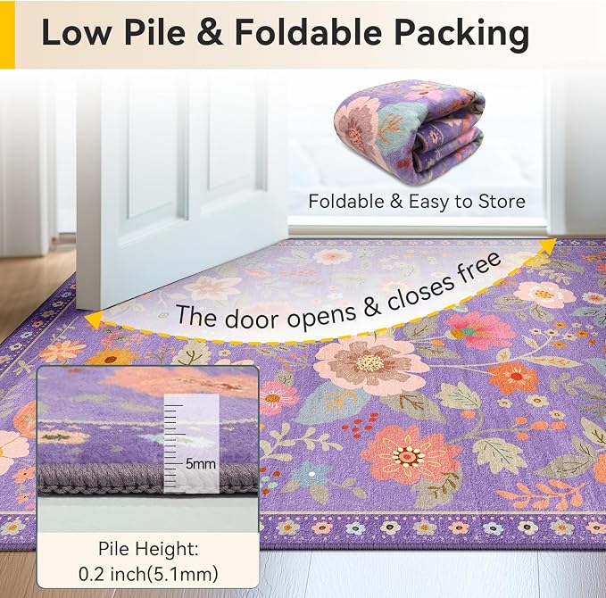 RELEANY Floral Washable 7x9 Area Rugs Purple/Pink | Flower Carpet Print Boho - Image 6