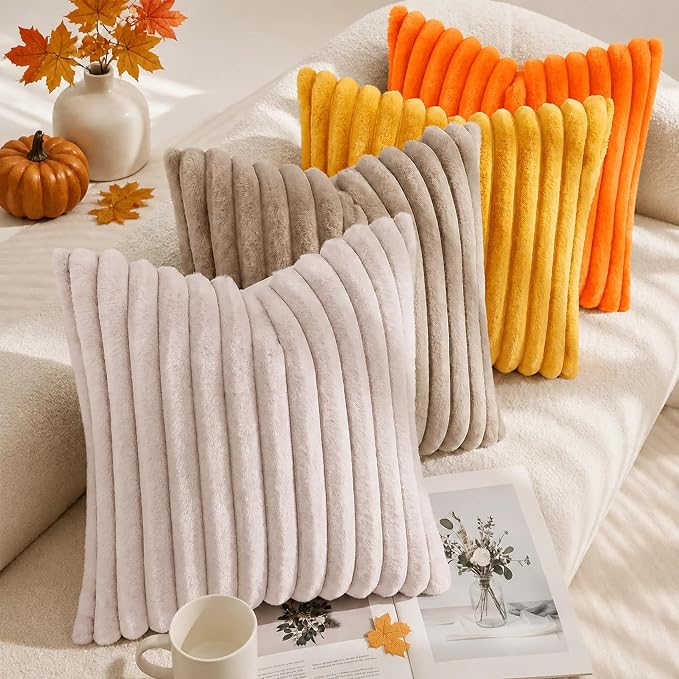 decorUhome Fall Faux Fur Throw Pillow Covers 18x18 Set of 2 Orange | Decorative - Image 5
