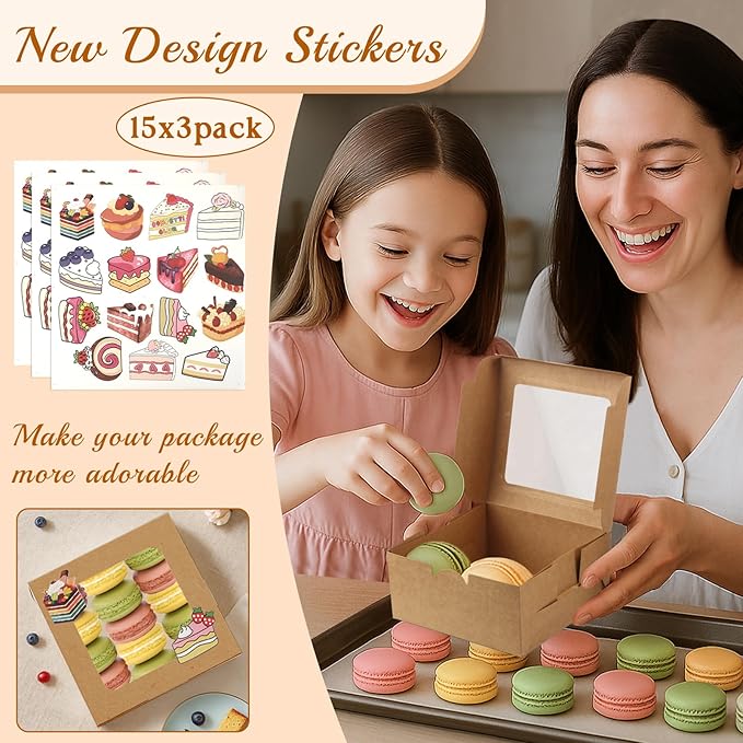 OAMCEG 30 Pack Cookie Boxes with Window, 6x6x3 Inches Brown Bakery Treat Boxes with Stickers & Twine for Pastry, Desserts, Strawberries, Cupcakes, Gift Giving