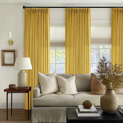 Mustard Yellow Pleated Semi Sheer Linen Curtains 102 Inches Long 2 Panel | - Image 6