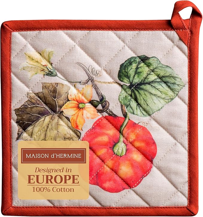 Maison d' Hermine Pot Holders 100% Cotton Heat Resistant Potholders 8" x 8" Hot Pads with Loop BBQ, Cooking, Baking, Grilling, Kitchen, Handling Hot Pans (Pack of 1, Potiron)