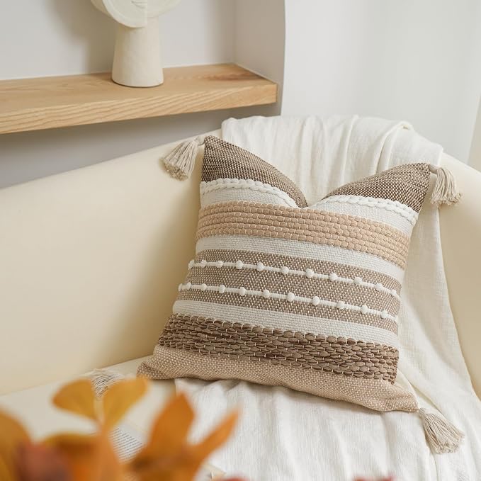Brown Decorative Throw Pillow Cover 20x20 Square Boho Accent Pillowcase Tassels - Image 5