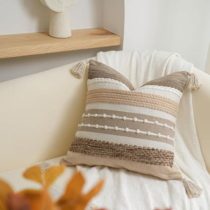 Brown Decorative Throw Pillow Cover 20x20 Square Boho Accent Pillowcase Tassels - Image 5