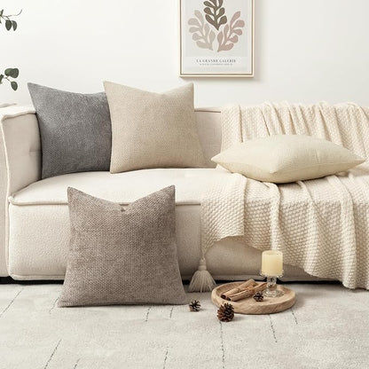 MIULEE Decorative Chenille Pillow Covers Neutral Beige 22x22 Pack of 4 | Modern - Image 5