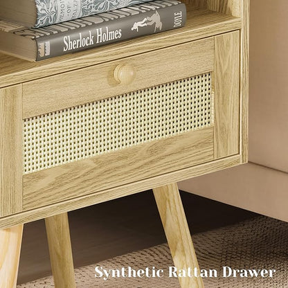 SUPERJARE Nightstand with Charging Station & Rattan-Like Decor Drawer, Rattan - Image 7