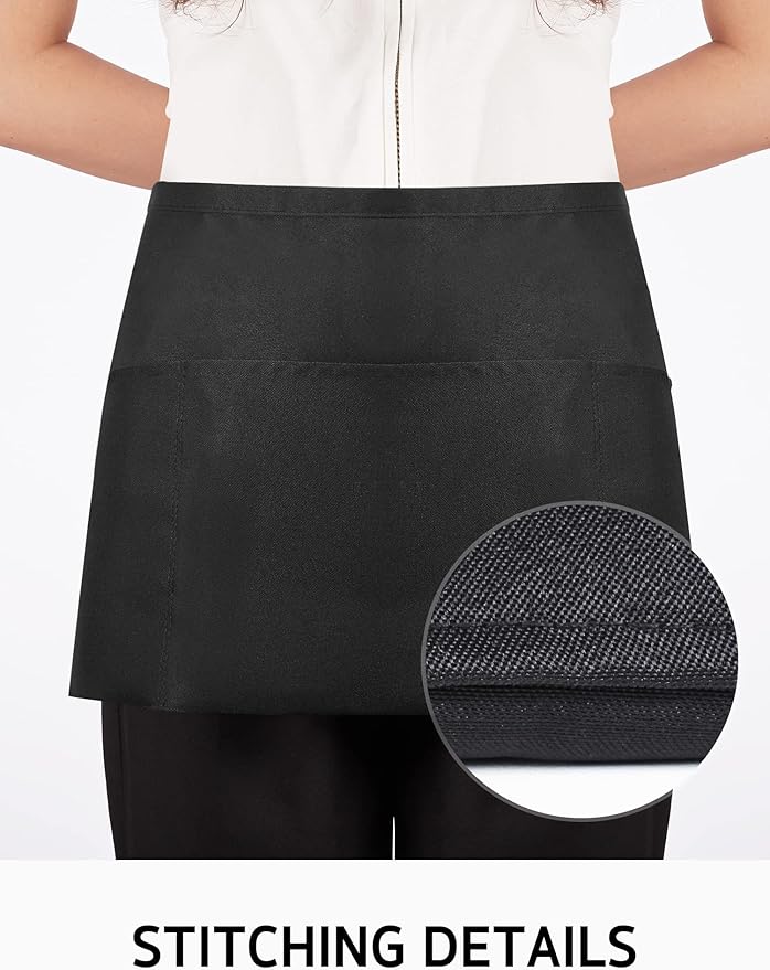 Syntus 12 Pack Server Apron with 3 Pockets, Waterdrop Resistant Waitress Waiter Waist Apron, 11.5-inch Black