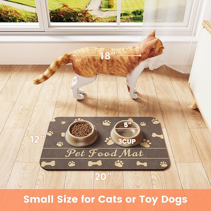 Pet Feeding Mat-Absorbent Pet Placemat for Food and Water Bowl, with Waterproof Rubber Backing, Quick Dry Water Dispenser Mat for Dog and Cat (16"x24", Brown)
