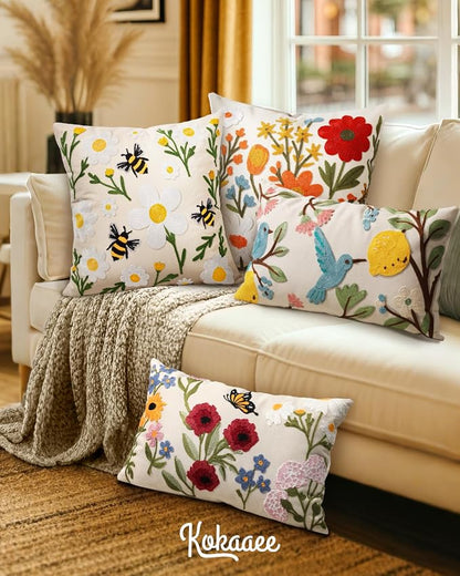Embroidered Throw Pillow Cover 20x20 Inch, Flower Bee | Decorative Pillow Cover - Image 6