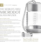 Teabloom Puresteep Glass Tea Infuser with Lid & Drip Tray – Borosilicate Glass Loose Leaf Steeper with Stainless Steel Chain – Non-Toxic – Small or Large Size