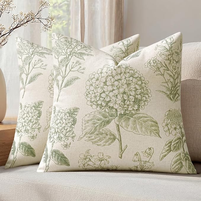 Set of 2 Decorative Floral Pillow Covers 18x18 Inch Sage Green | Neutral by SWANCOCO