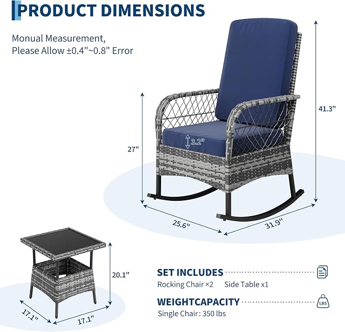 GarveeHome 3-Piece Outdoor Rocking Chair Set, Wicker Rattan Patio Furniture - Image 2
