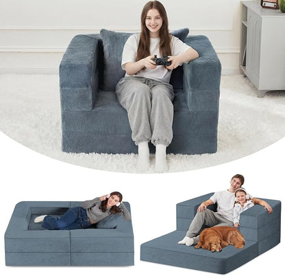 Folding Bean Bag Chair for Adults, 3-in-1 Bean Bag Couch Faux Fur Floor Sofa by Cansunna