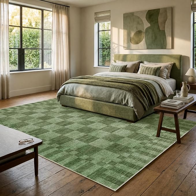 GarveeHome Moss Green Checkered Rug 6x9 Area Rugs Living Room Washable Rug | - Image 3