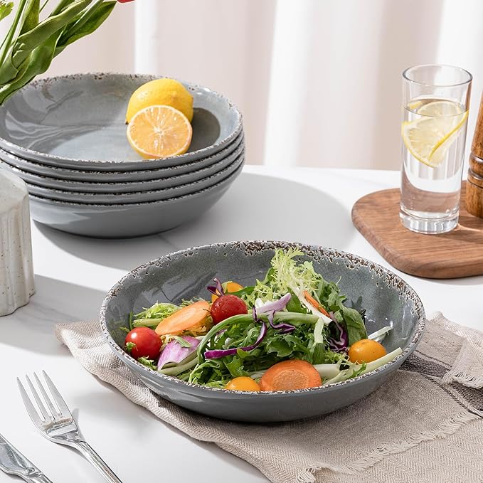 Melamine Pasta Bowls Set,6 Piece 9.25 inch Vintage Melamine Pasta/Salad/Ramen/Noodle/dinner/Fruit Bowls, Set of 6,Unbreakable Large Shallow Serving Bowls set,Cool Grey…